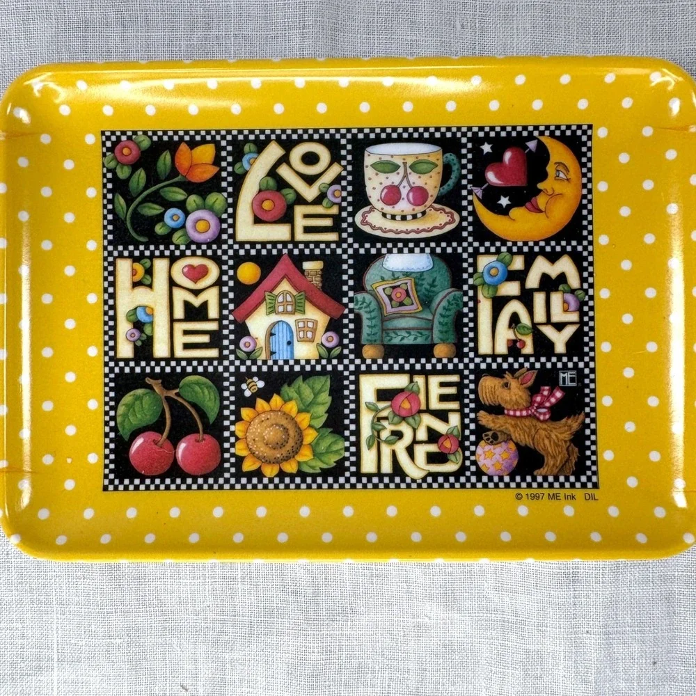Vintage 1997 Mary Engelbreit Yellow Polka Dot Melamine Tray Design Imports Italy